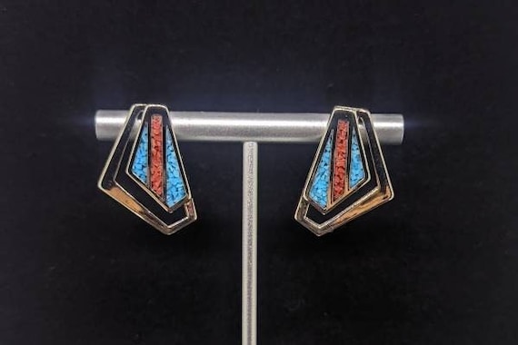 Vintage Silver-Plated Turquoise and Coral Inlay E… - image 1