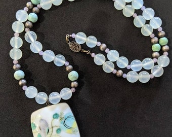 Stone Bead Necklace, Sterling Silver & Stone Beads, Hand Painted Pendant