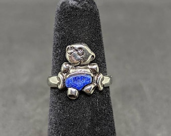 Teddy Bear Ring, Vintage Bear Ring with Blue Inlay