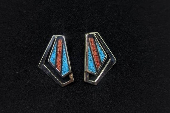 Vintage Silver-Plated Turquoise and Coral Inlay E… - image 2