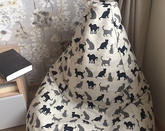 Black cat adult bean bag chair, Eco friendly linen beanbag cover, Cat lover gift, Large lounge chair, Cotton insert, No Filler