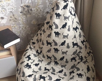 Pouf avec rangement pour animal en peluche avec un chat noir, Housse de pouf en lin avec fermeture à glissière uniquement, Organiseur de pièce respectueux de l'environnement, Sans matériau de remplissage