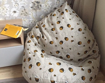 Bee Stuffed Animal Storage Bean Bag Chair: Eco Linen Cover with Zipper (No Filling)