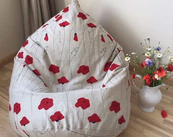 Red poppy floral graphic bean bag chair, Natural linen beanbag cover, Patio furniture, Poppy gifts, With Insert, No Filler