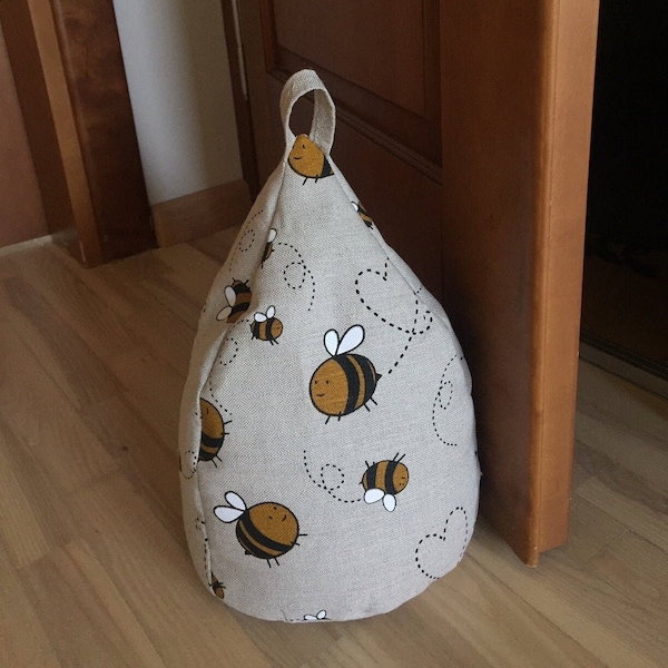 Mother's Day gift, Honey Bee Fabric Door Stopper WITH Buckwheat Hulls Filling, Natural Linen Doorstop, Eco Friendly Bumble Bee wall guard
