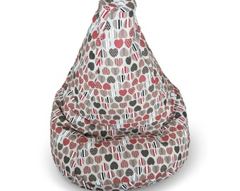 Adult Bean Bag Chair cover, Heart print, Large Modern Beanbag, Linen floor pillow seating, Cotton Insert, No Filler