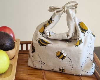 Eco friendly linen lunch bag, Bumble bee travel bag organizer, Everyday small bag, Zero waste living, Reusable gift bag