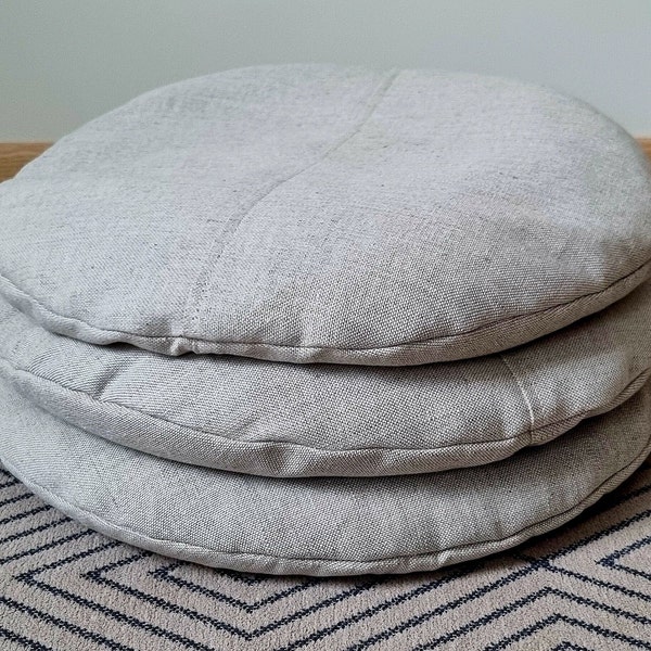 Coussin de sol rond minimaliste en lin naturel, rembourrage en écales de sarrasin, pouf de style scandinave rustique, coussin de méditation