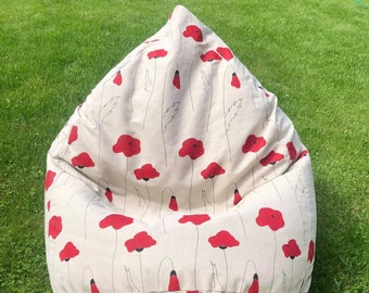 Red poppy stuffed animals storage bean bag, Blanket organizer, Natural linen beanbag cover only with zipper, Poppy gifts, No Filler