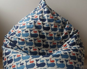Blue whale stuffed animals storage bean bag chair, Linen beanbag cover only with zipper, Coastal Ocean decor, Room organizer, No filler