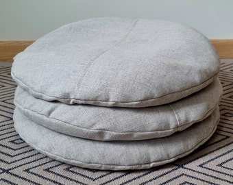 Minimalist natural linen round floor pillow seating with buckwheat hulls filling, Rustic Scandinavian style pouf, Meditation cushion