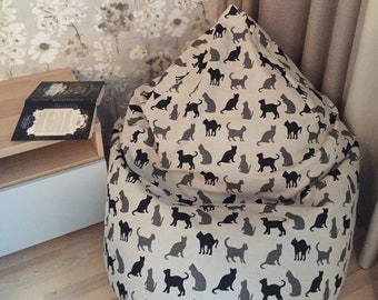 Black cat bean bag chair linen cover, Cat lover gift, Eco friendly floor pillow seating, Handmade home decor, Cotton Insert, No Filler