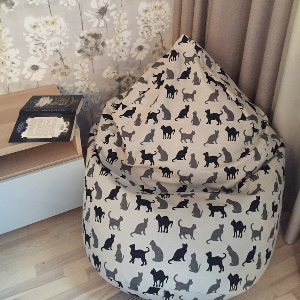 Black cat bean bag chair linen cover, Cat lover gift, Eco friendly floor pillow seating, Cotton Insert, No Filler