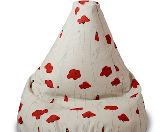 Adult beanbag chair with red poppy flower print, Linen beanbag cover, Nature inspired decor, Floral floor cushion, With Insert, No Filler
