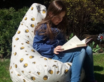 Bee bean bag chair, Eco friendly linen beanbag cover, Kids floor pillow seating, Reading nook pillow, Cotton insert, No Filler