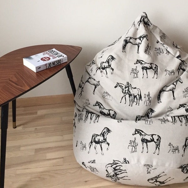 Chaise pouf cheval noir, housse de sac de haricots en lin surnaturel, sièges d'oreiller de sol rustiques, avec insert en coton, sans remplissage