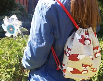 Mini-rugzak met vosprint: linnen rugzak met trekkoord, lunchtas voor kinderen