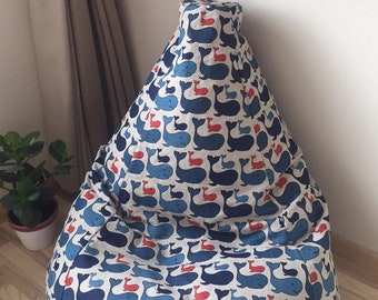Natural Linen Bean Bag Chair Cover with Blue Whales Print, Eco-Friendly coastal floor pillow, With cotton insert, Fill is not included