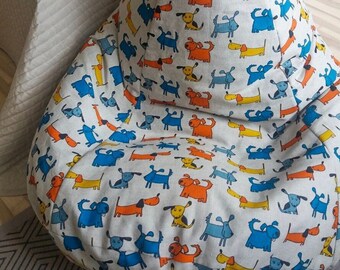Natural linen bean bag chair cover with dog print, Reading nook pillow, Dog lover gift, Cotton Insert, No Filler