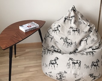 Black horse beanbag chair, Supernatural linen bean bag cover, Rustic floor pillow seating, With cotton insert, No Filling