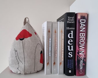 Red poppy flower MINI linen fabric bookend WITH buckwheat hulls filling, Small window stopper, Soft wall guard, Cottage core decor