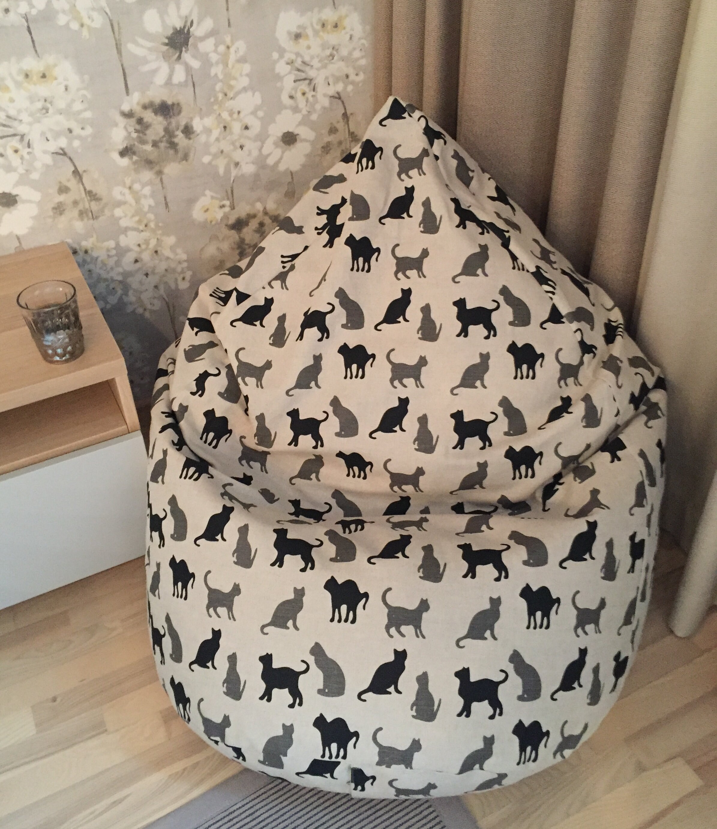 Black kitty cat bean bag chair linen Monochrome cover Cat Etsy