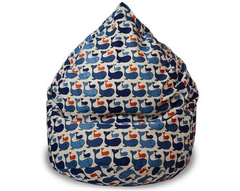 Bean bag chair linen cover with blue whale print, Eco friendly floor pillow, Maritime living, With cotton insert, Fill is not included