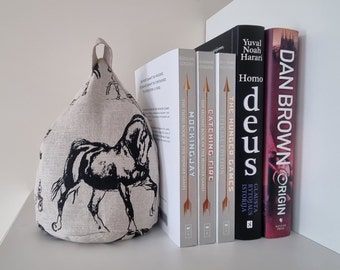 Black horse MINI linen fabric bookend WITH buckwheat hulls filling, Small door stop, Animal soft window stopper