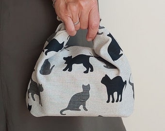 Schwarze Katze Leinen Lunchbag Natürliche Reisetasche Organizer Zero Waste Geschenk für Katzenmama