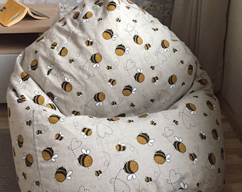 Adult Bean Bag Chair, Comfy Bee Beanbag, Eco Friendly Supernatural Linen Cover, Floor pillow with Cotton Insert, Fill is not included