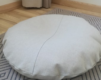 Boho Bodenkissen, runder Bodenkissenbezug aus natürlichem Leinen, minimalistisches Meditationskissen, rustikaler Sitzpouf im skandinavischen Stil, Keine Füllung