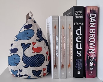 Blue whale MINI linen fabric bookend WITH buckwheat hulls filling, Small window stop, Nautical style door stopper, Book worm gift