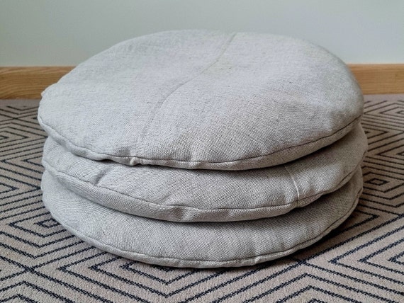 Linen Round Floor Pillow: Scandinavian Rustic Meditation Cushion with Buckwheat hulls