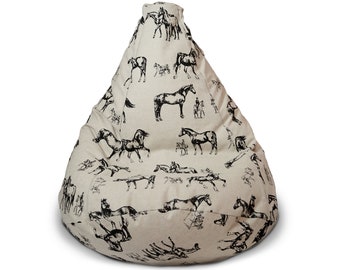 Linen bean bag chair cover with black horse print, Modern Farmhouse decor, Gift for Horse lover, With cotton insert, No Filler