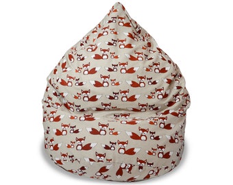 Natural Linen Bean Bag Chair cover with cute fox print, Eco friendly floor pillow seating,  Floor cushion, Cotton insert, No Filler