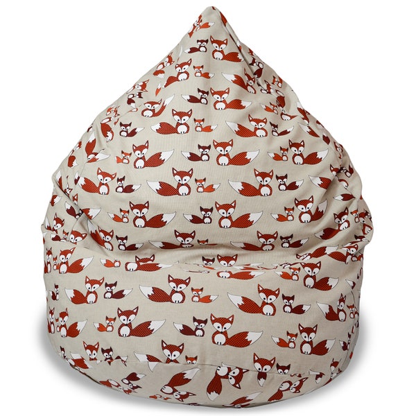 Natural Linen Bean Bag Chair cover with cute fox print, Eco friendly floor pillow seating,  Floor cushion, Cotton insert, No Filler