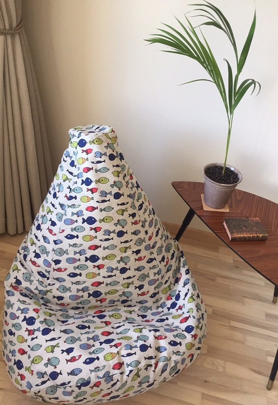 Adult Bean Bag Chair With Tropical Fish Print, Eco Friendly Linen Beanbag  Cover, Coastal Decor Floor Cushion, With Insert, No Filler 