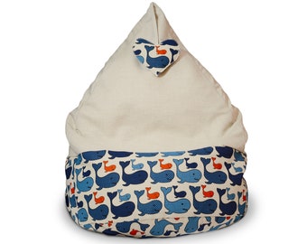 Natural bean bag chair with blue whale print, Toddler pouf, Eco friendly linen cover, Ocean nursery decor, With Insert, No Filler