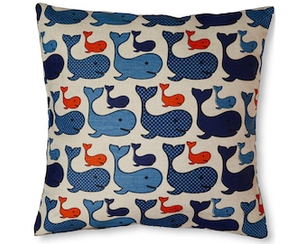 Coastal ocean decor throw pillow 16'x16', Blue whale couch cushion, Eco friendly linen pillowcase, With pillow insert