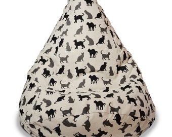 Black cat adult bean bag chair linen cover, Cat lover gift, Natural linen floor cushion, Cotton insert, No Filler