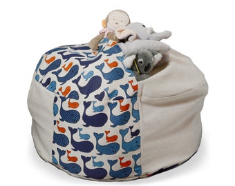 Blue whale toy storage basket pouf, Eco friendly stuffed animal storage bean bag chair, Natural linen coastal ocean decor