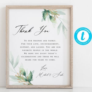 Wedding Thank You Sign, Wedding Thank You Card Template, Guestbook Sign, Templett, Thank You Poster, Reception Sign, Printable Sign
