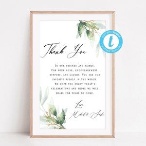 Wedding Thank You Sign, Wedding Thank You Card Template, Guestbook Sign, Templett, Thank You Poster, Reception Sign, Printable Sign image 2