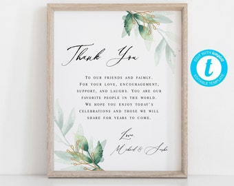 Wedding Thank You Sign, Wedding Thank You Card Template, Guestbook Sign, Templett, Thank You Poster, Reception Sign, Printable Sign