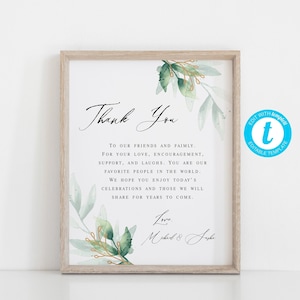 Wedding Thank You Sign, Wedding Thank You Card Template, Guestbook Sign, Templett, Thank You Poster, Reception Sign, Printable Sign image 1