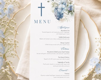 Blue Floral Communion Menu Card Template: Religious Celebration (Digital Download 4x9")