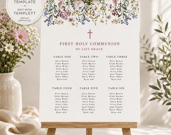 May include: A white First Holy Communion seating chart sign featuring a floral border of blue, pink, and yellow wildflowers at the top, a cross, and the text "FIRST HOLY COMMUNION OF LILY GRACE" followed by six tables with lists of names.