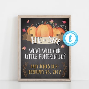 Pumpkin Gender Reveal | He or She What Will Our Little Pumpkin Be | Pumpkin Baby Shower | Baby Shower Sign Template