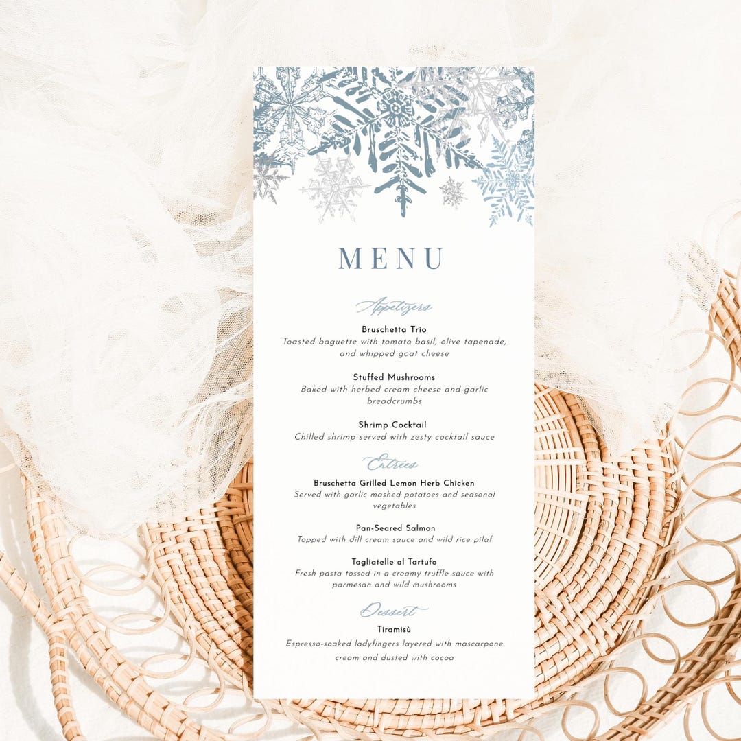 Winter Snowflake Menu Template, Blue Printable Wedding Menu, Editable ...