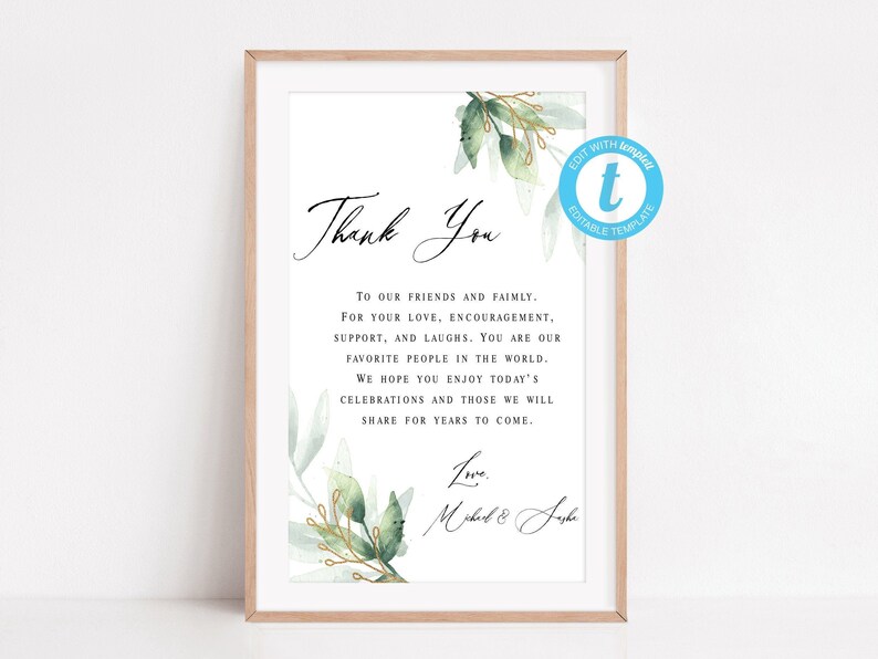 Wedding Thank You Sign, Wedding Thank You Card Template, Guestbook Sign, Templett, Thank You Poster, Reception Sign, Printable Sign image 2